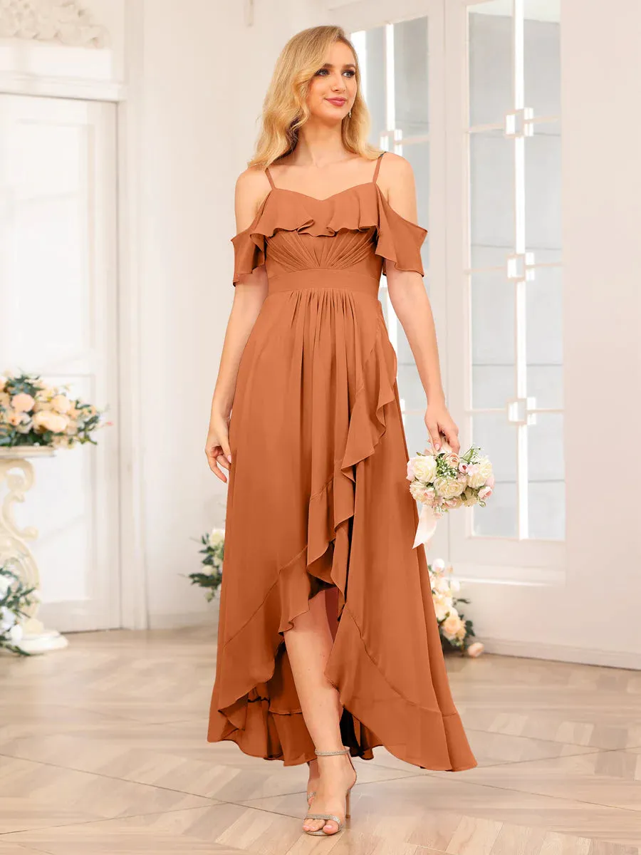 A-Line/Princess Spaghetti Straps Long Wedding Party Dresses With Ruffles