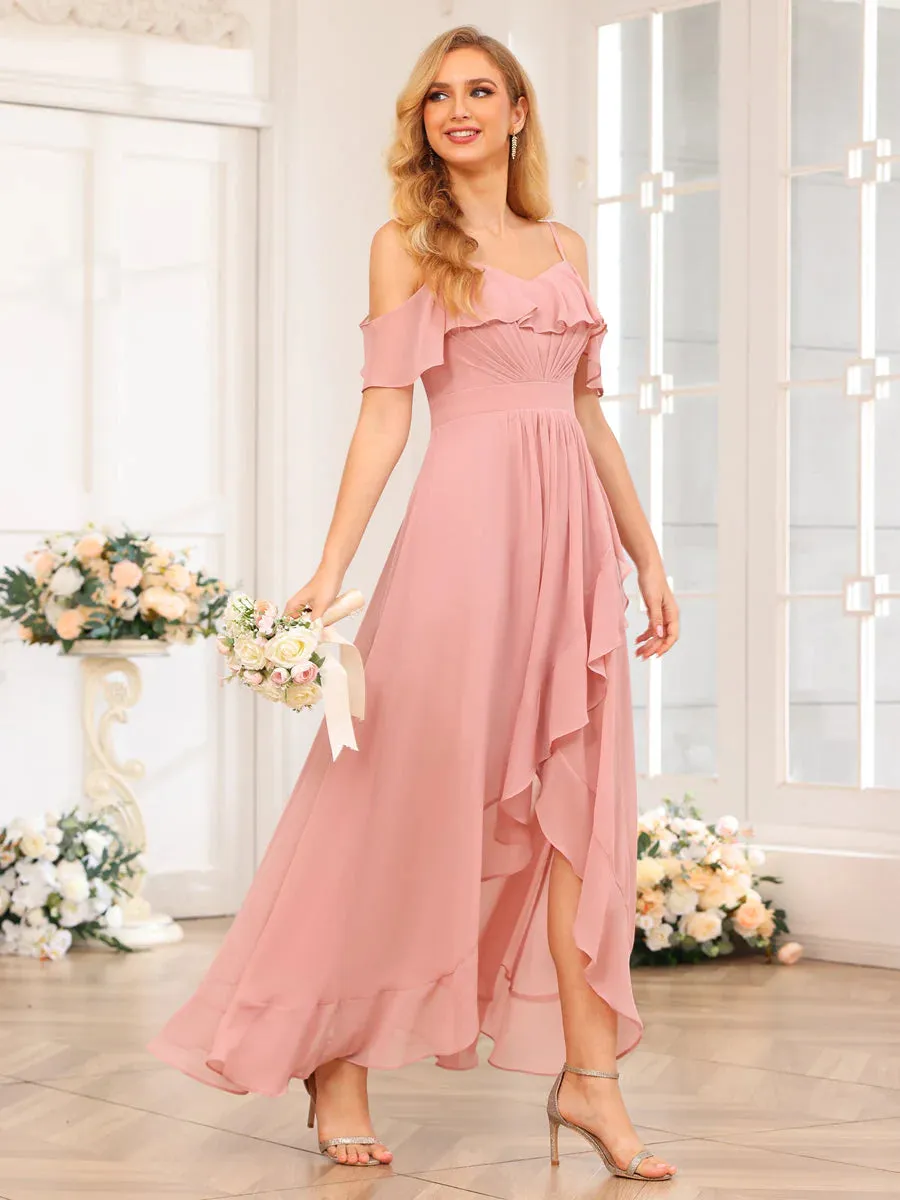 A-Line/Princess Spaghetti Straps Long Wedding Party Dresses With Ruffles