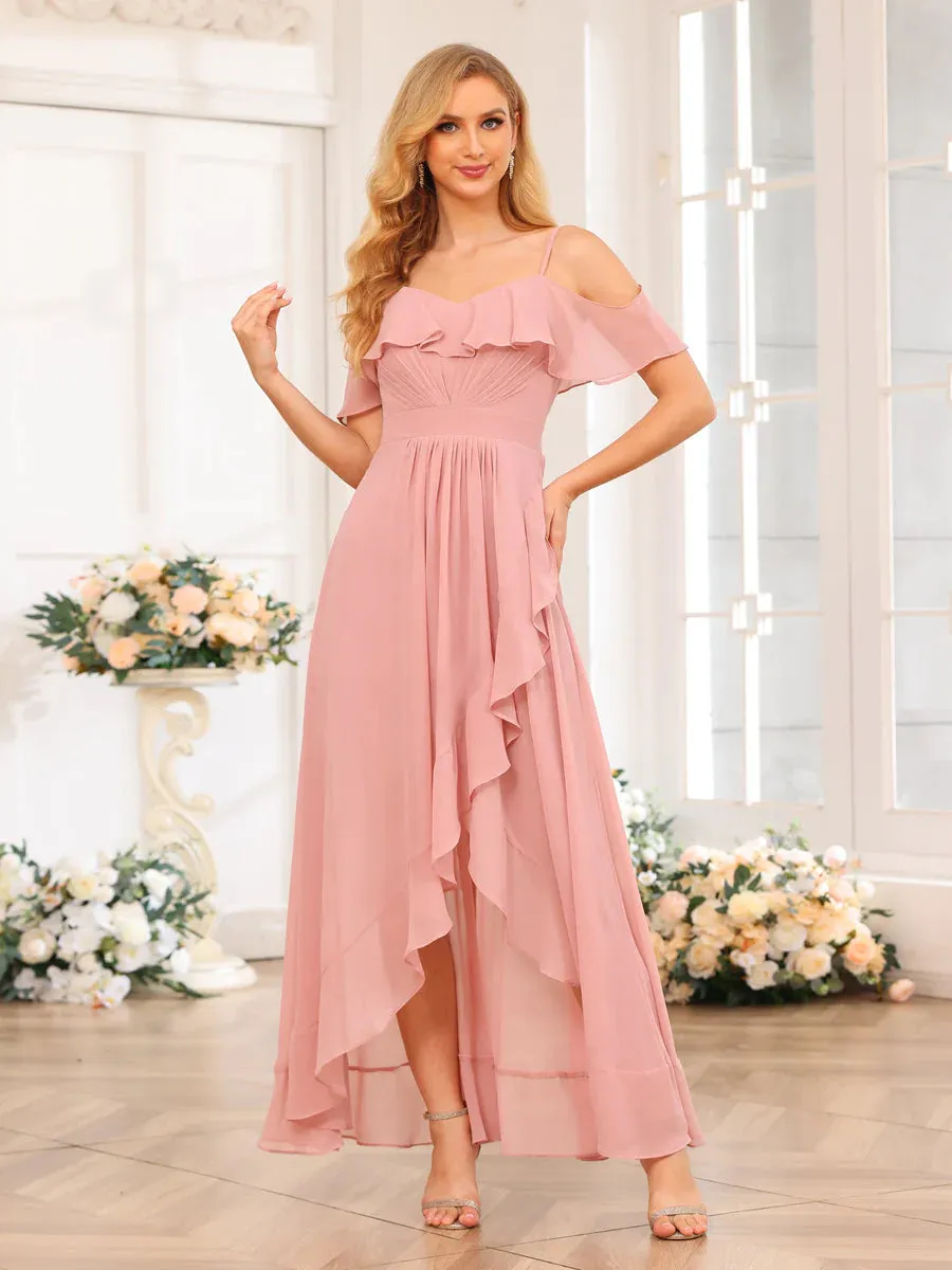 A-Line/Princess Spaghetti Straps Long Wedding Party Dresses With Ruffles