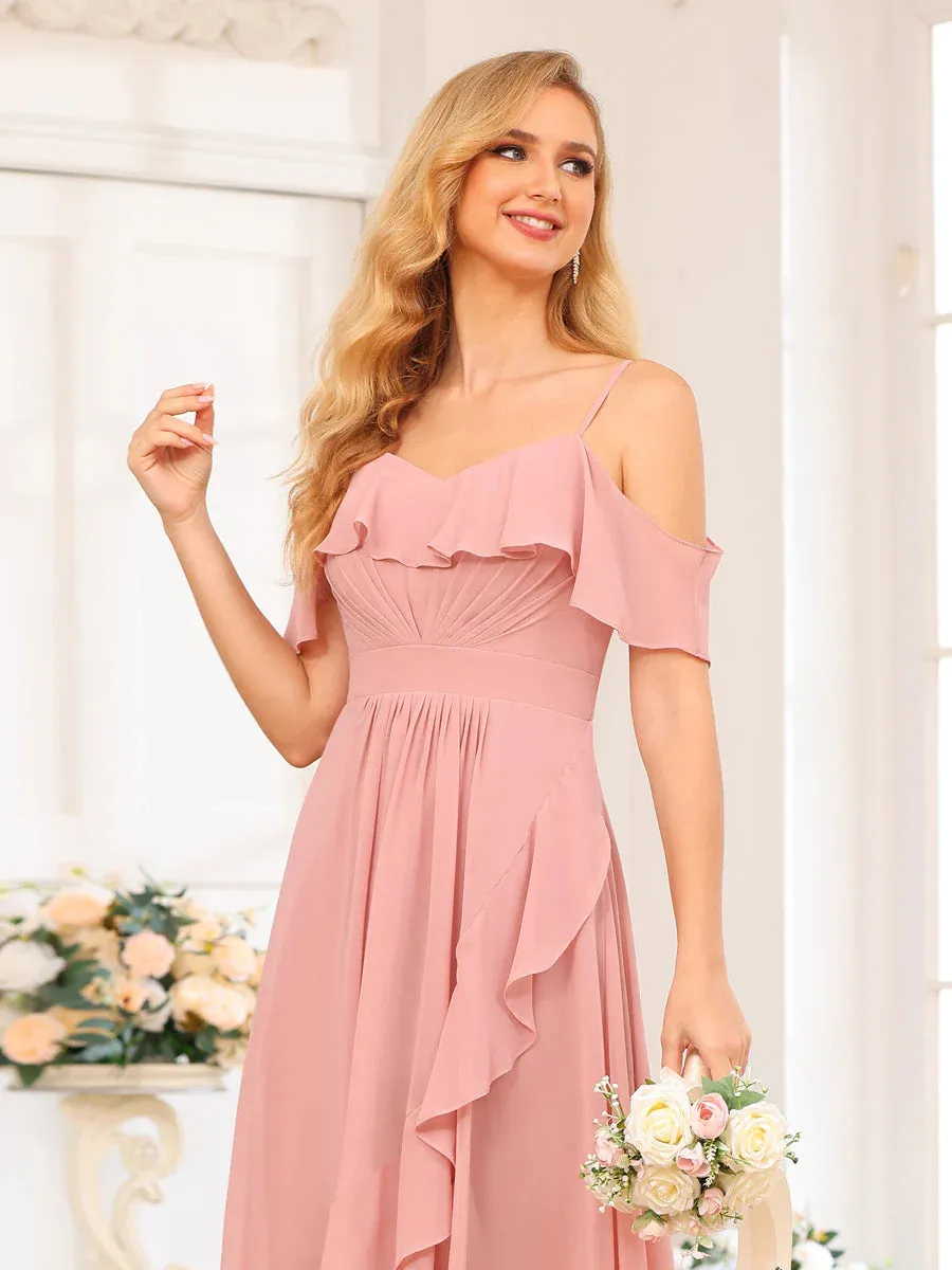 A-Line/Princess Spaghetti Straps Long Wedding Party Dresses With Ruffles