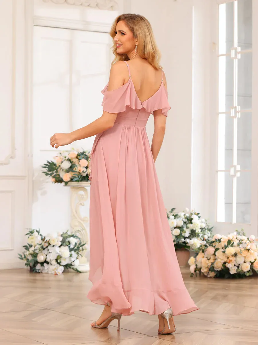 A-Line/Princess Spaghetti Straps Long Wedding Party Dresses With Ruffles