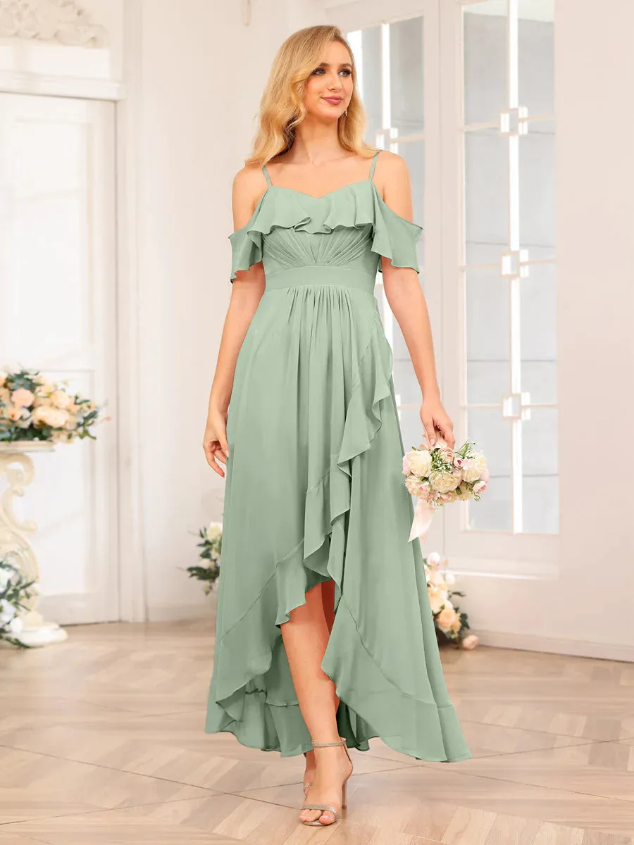 A-Line/Princess Spaghetti Straps Long Wedding Party Dresses With Ruffles