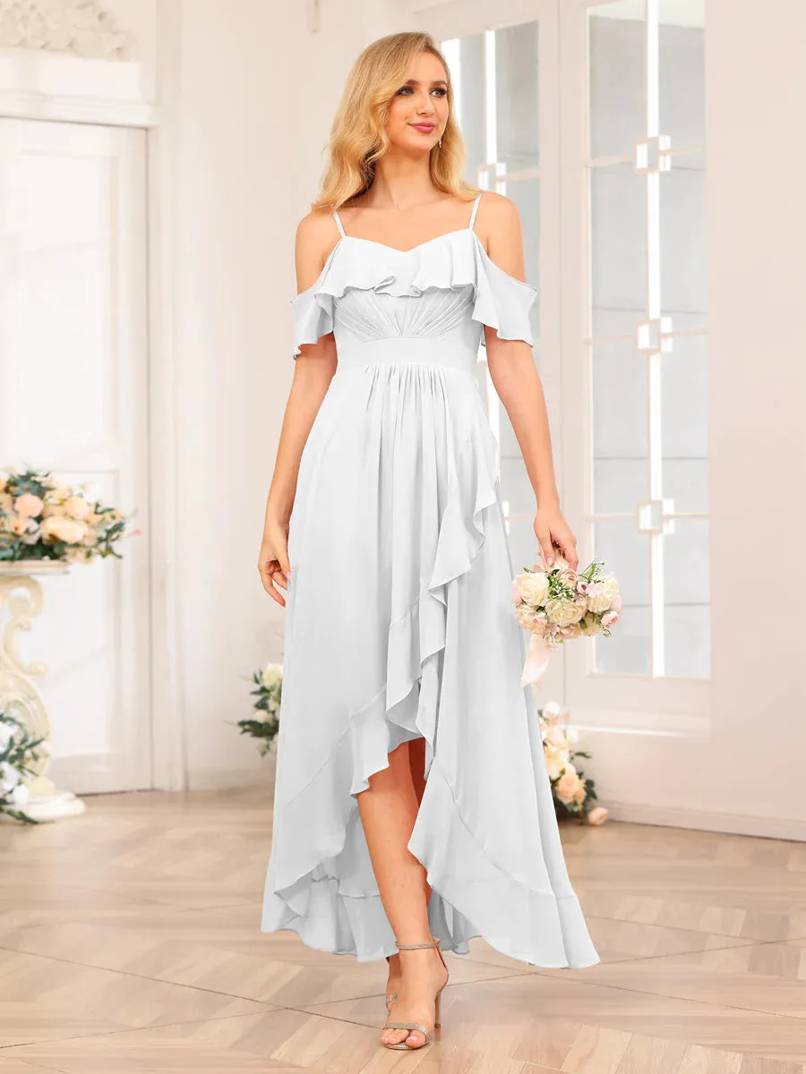 A-Line/Princess Spaghetti Straps Long Wedding Party Dresses With Ruffles