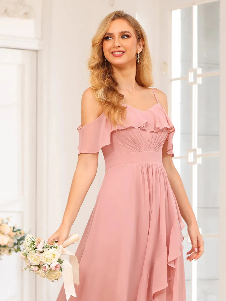 A-Line/Princess Spaghetti Straps Long Wedding Party Dresses With Ruffles
