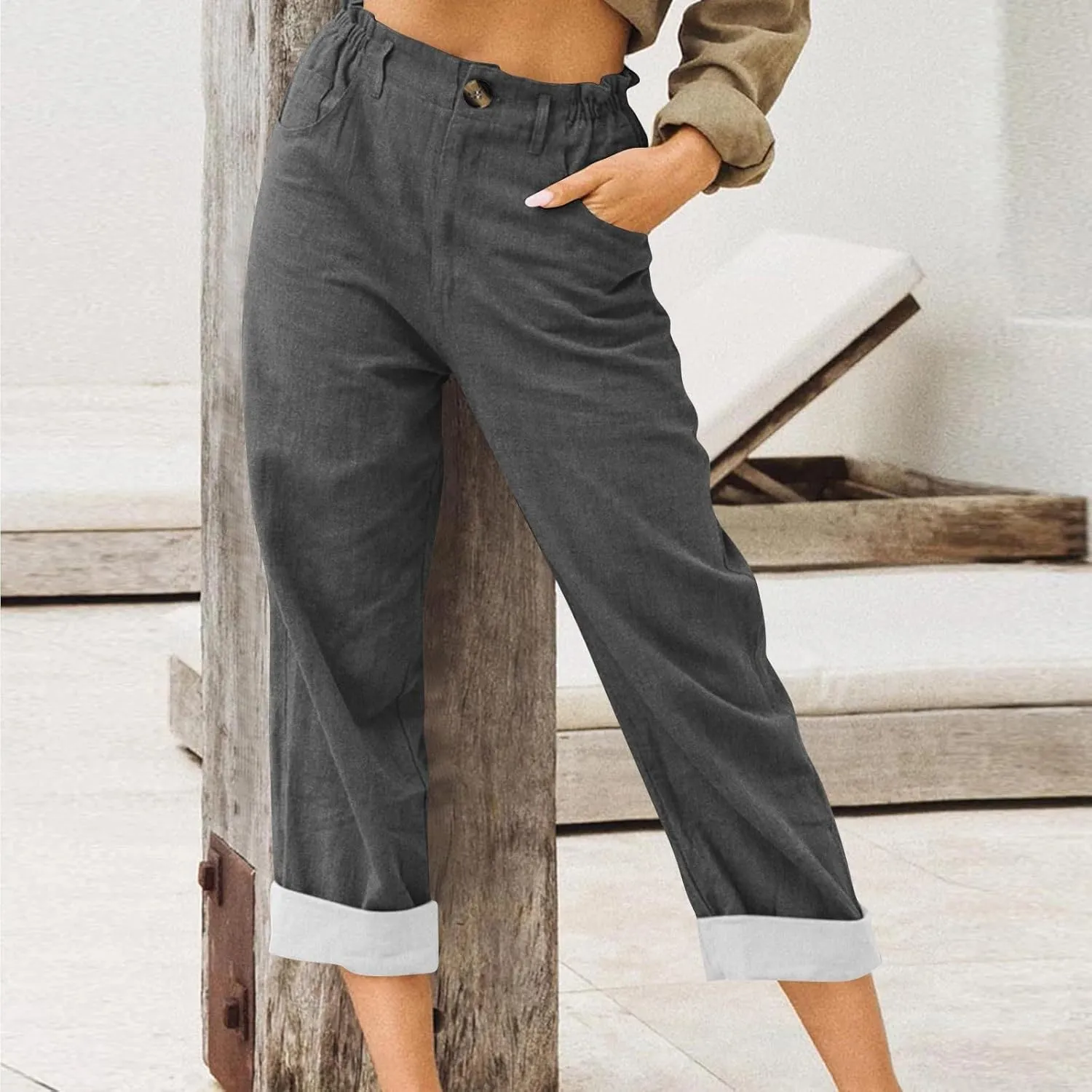 ADHOWBEW Capri Pants for Women Straight Leg Vacation Elastic Waist Comfy Casual Dressy Relaxed Fit Pants