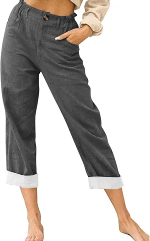 ADHOWBEW Capri Pants for Women Straight Leg Vacation Elastic Waist Comfy Casual Dressy Relaxed Fit Pants