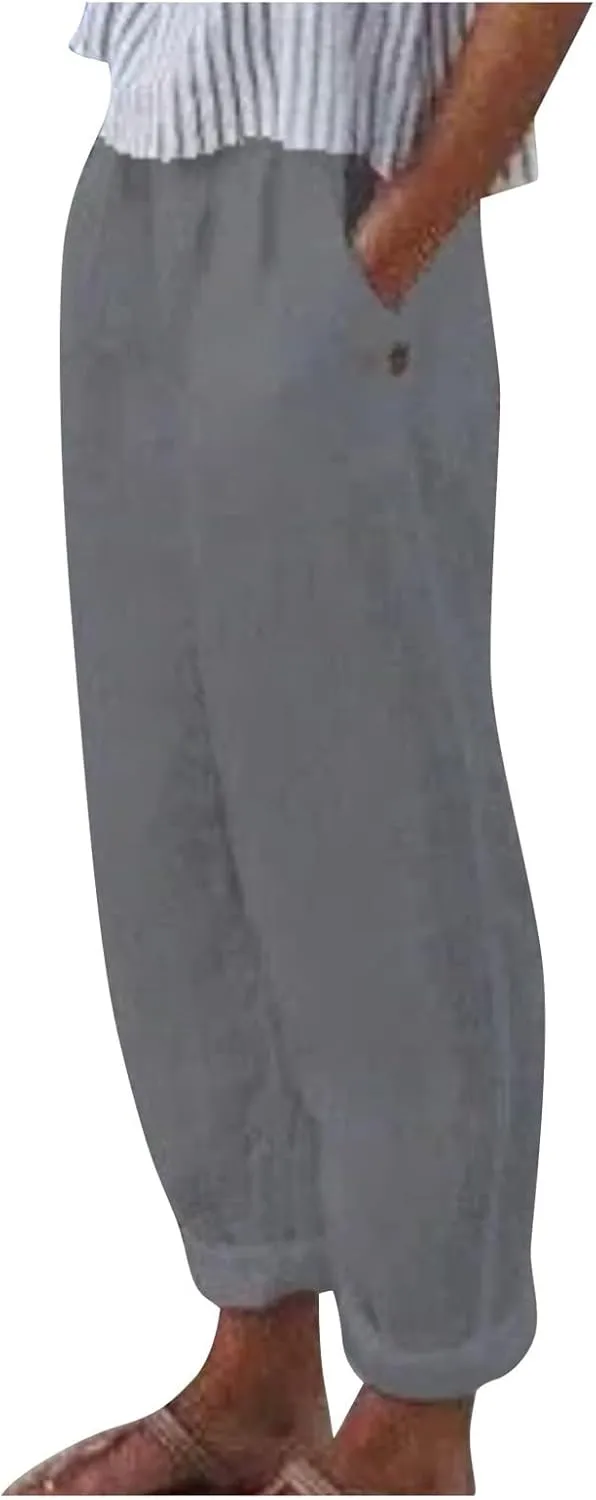 ADHOWBEW Women Linen Pants Vacation Relaxed Fit Spring 2025 Travel Flowy Casual Trendy Dressy Trousers