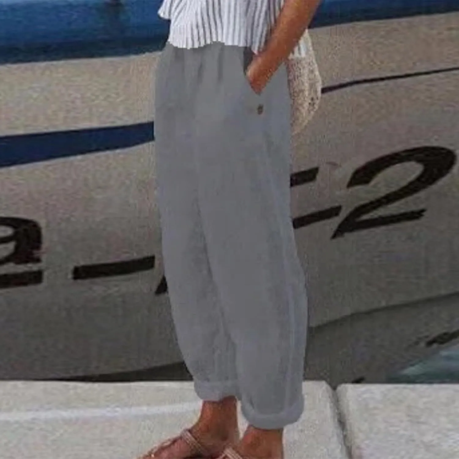 ADHOWBEW Women Linen Pants Vacation Relaxed Fit Spring 2025 Travel Flowy Casual Trendy Dressy Trousers