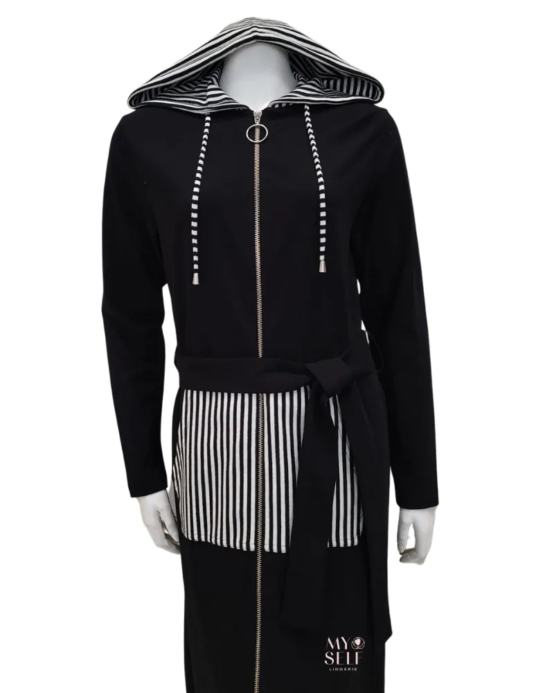 AFN918 Striped Kangaroo Pocket Zippered Morning Robe