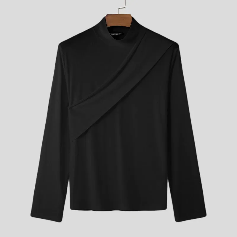Aidase mens outfits Fashion Casual Style Tops New Men's Striped High Neck Slanted Shawl T-shirt Male Solid Simple Long Sleeved Camiseta 