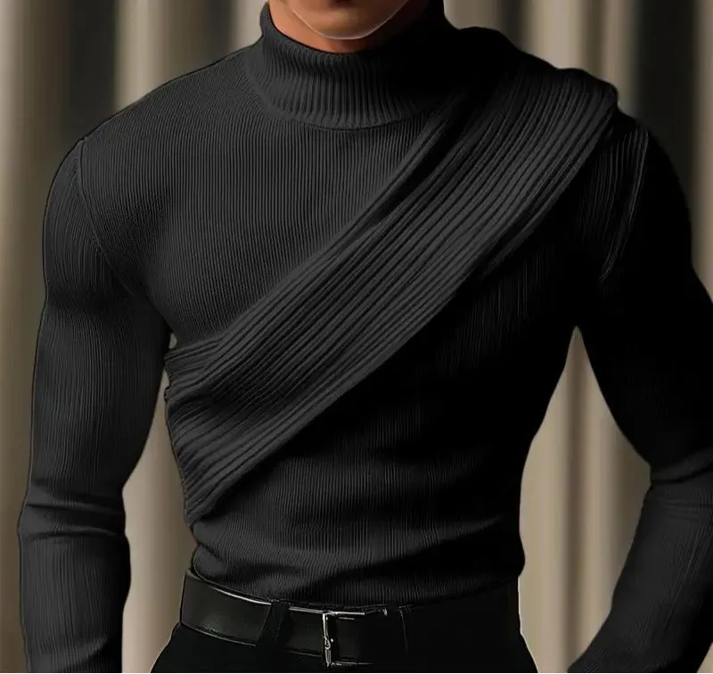 Aidase mens outfits Fashion Casual Style Tops New Men's Striped High Neck Slanted Shawl T-shirt Male Solid Simple Long Sleeved Camiseta 