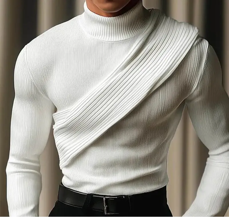Aidase mens outfits Fashion Casual Style Tops New Men's Striped High Neck Slanted Shawl T-shirt Male Solid Simple Long Sleeved Camiseta 