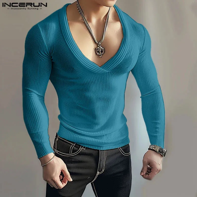 Aidase Tops Korean Style Fashion Men's Knitted T-shirt Casual Male Slightly Transparent V-neck Long Sleeved Camiseta S-5XL