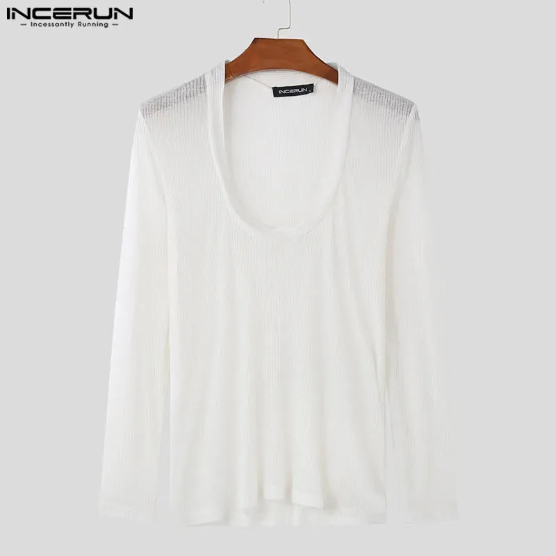 Aidase Tops Korean Style Fashion Men's Knitted T-shirt Casual Male Slightly Transparent V-neck Long Sleeved Camiseta S-5XL
