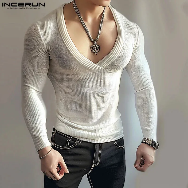 Aidase Tops Korean Style Fashion Men's Knitted T-shirt Casual Male Slightly Transparent V-neck Long Sleeved Camiseta S-5XL