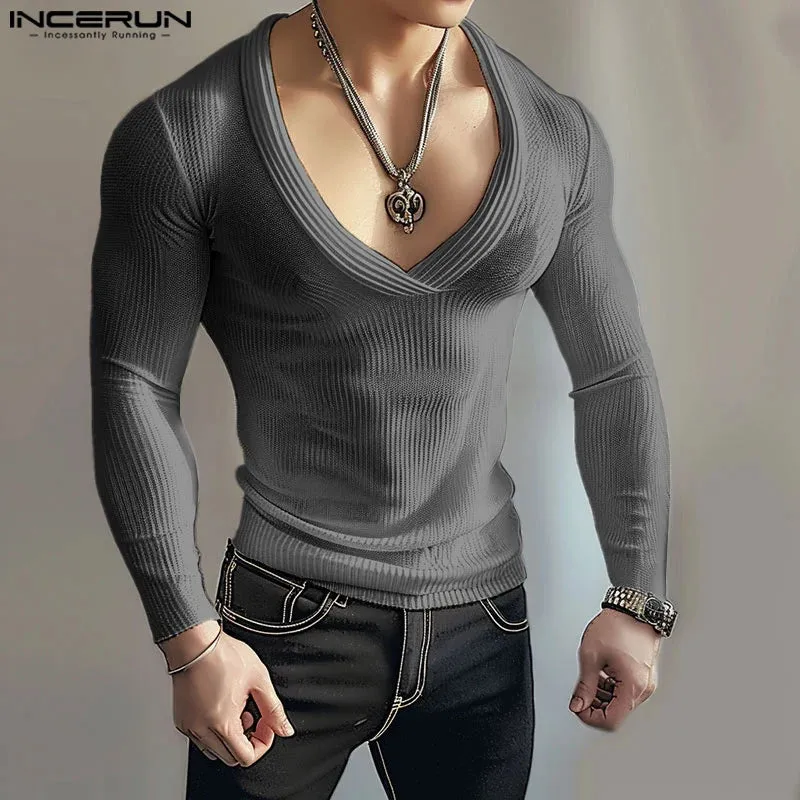 Aidase Tops Korean Style Fashion Men's Knitted T-shirt Casual Male Slightly Transparent V-neck Long Sleeved Camiseta S-5XL