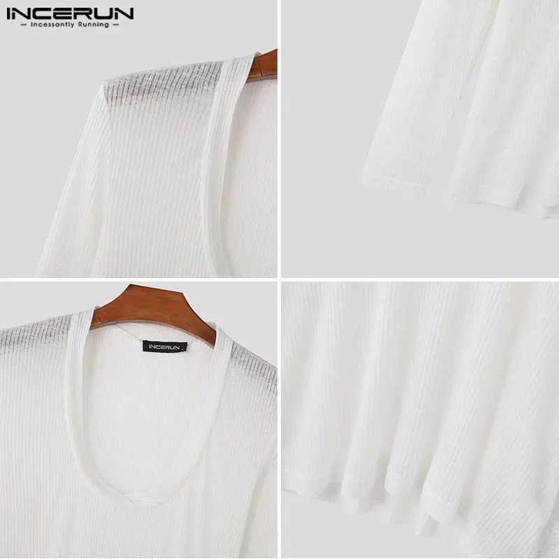 Aidase Tops Korean Style Fashion Men's Knitted T-shirt Casual Male Slightly Transparent V-neck Long Sleeved Camiseta S-5XL