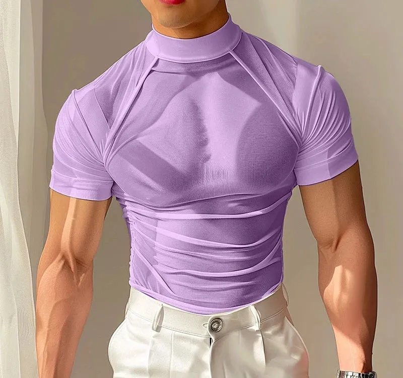 Aidase Tops Korean Style New Men's Sexy Mesh See Through T-shirts Fashion Male Half High Neck Short Sleeved Camiseta S-5XL