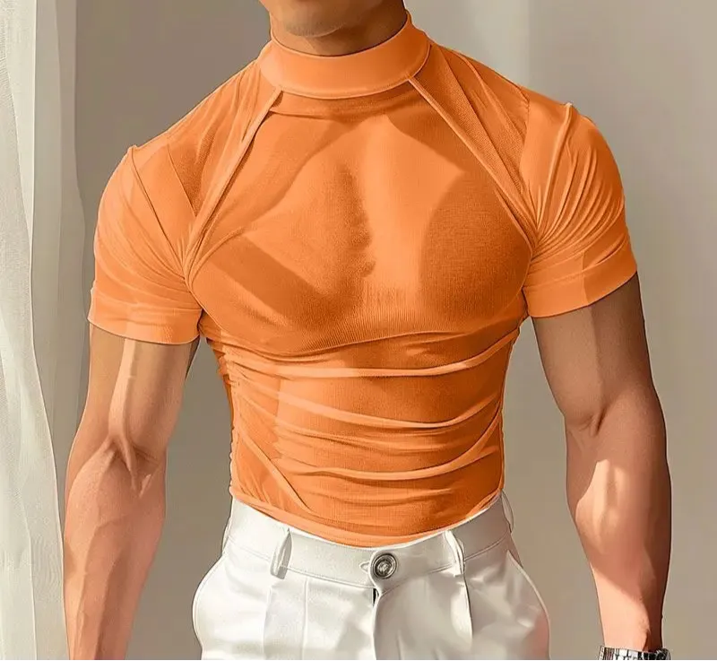 Aidase Tops Korean Style New Men's Sexy Mesh See Through T-shirts Fashion Male Half High Neck Short Sleeved Camiseta S-5XL