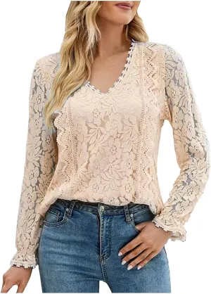 Akklian Women's New Lace Embroidery Blouses Long Sleeve V Neck Sexy Solid Hollow Lace Tops Slim Fit Dressy Work Casual Shirts