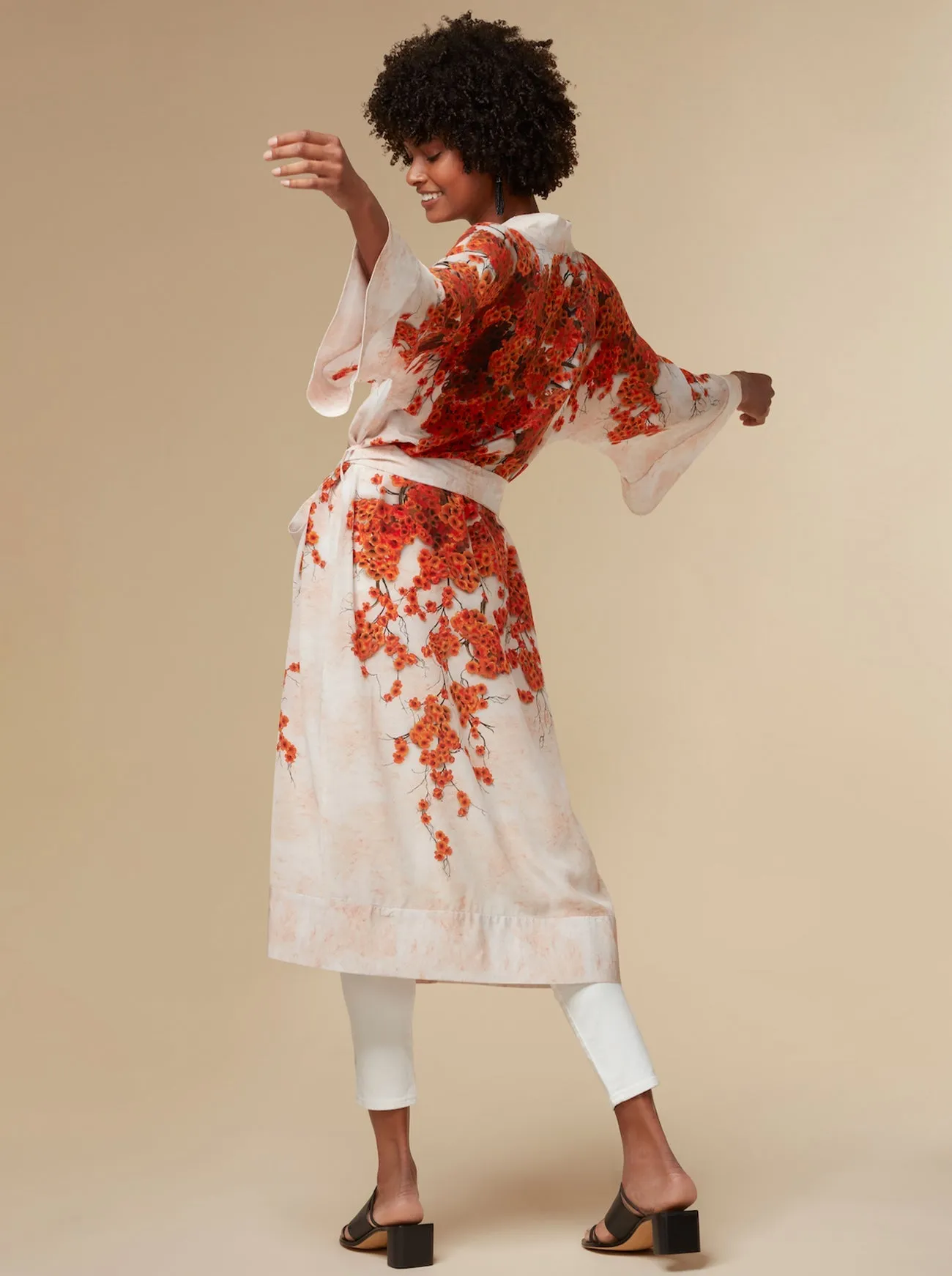 Alice Silk Kimono Robe Orange Print