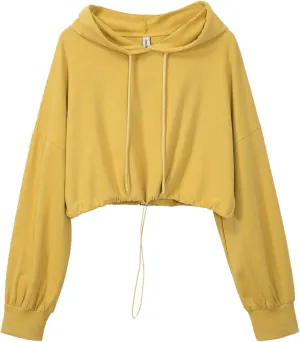 Amazhiyu Womens Pullover Cropped Hoodies Long Sleeve Drawstring Casual Crop Top