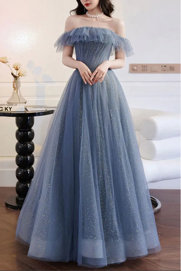Anneprom Grey Blue Tulle A line Off Shoulder Prom Dresses, Long Formal Dresses APP0587