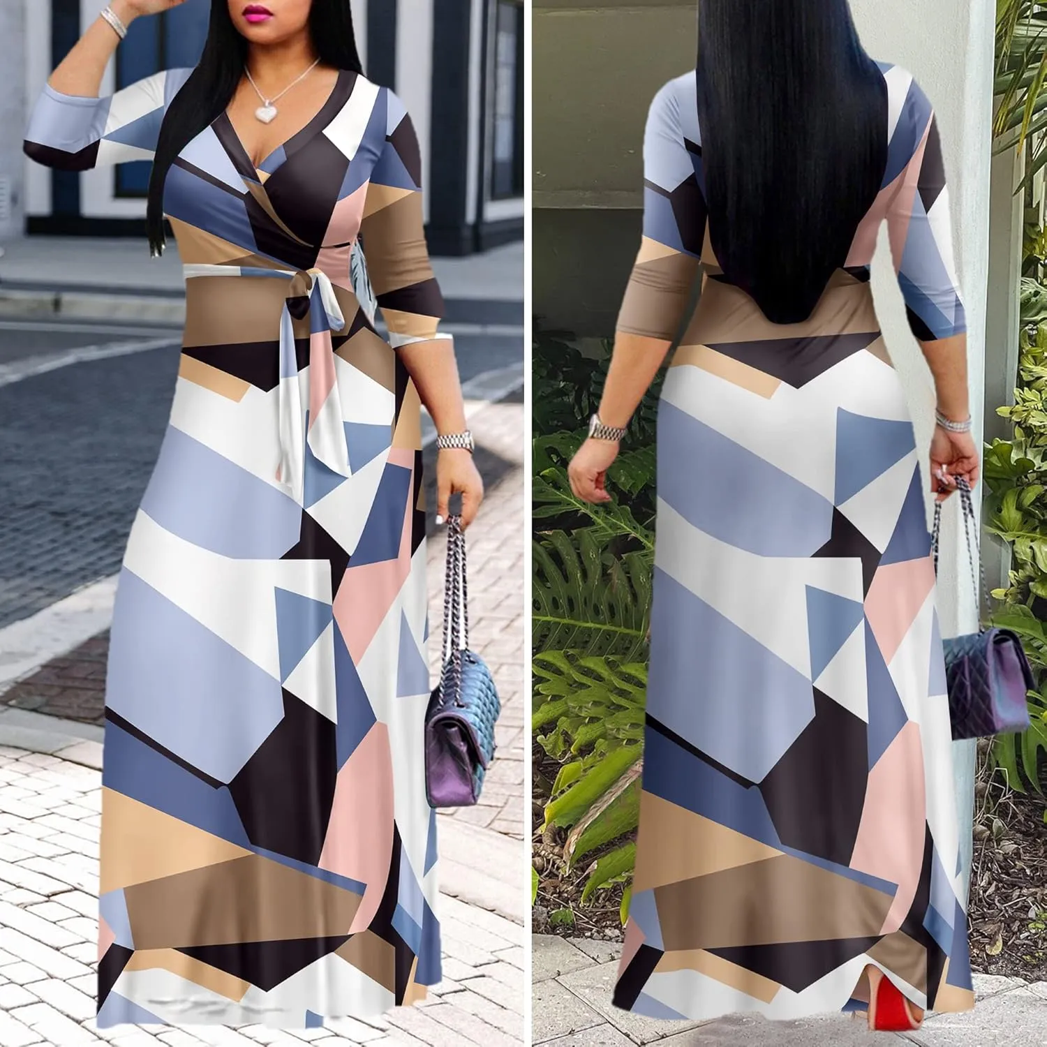 AOMONI Women Summer Maxi Dress V Neck 3/4 Sleeve for Women Casual Printed Empire Waist Tie Waist Belted Dresses