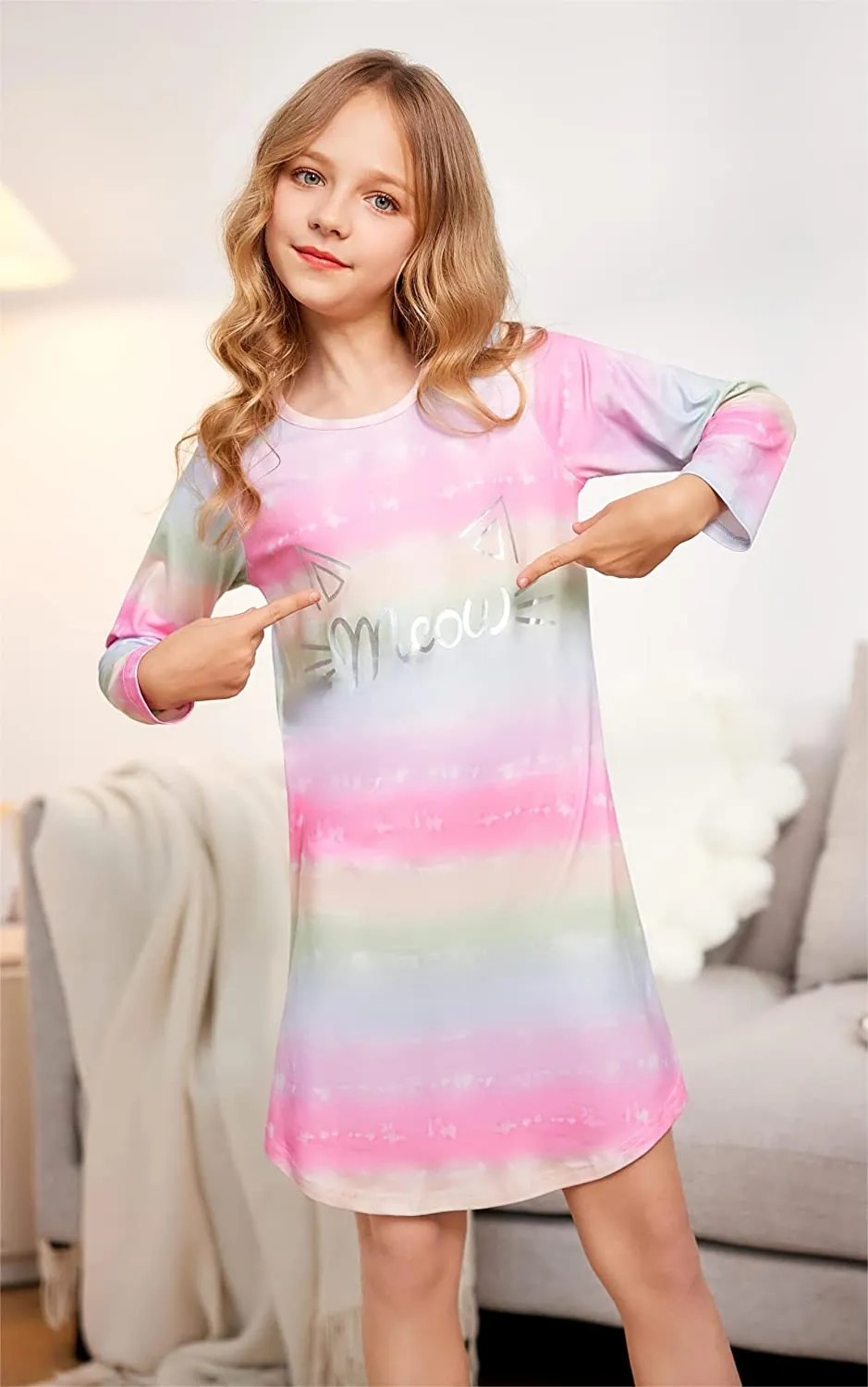 Arshiner Girls Nightgowns Long Sleeve Print Pajamas Nightdress