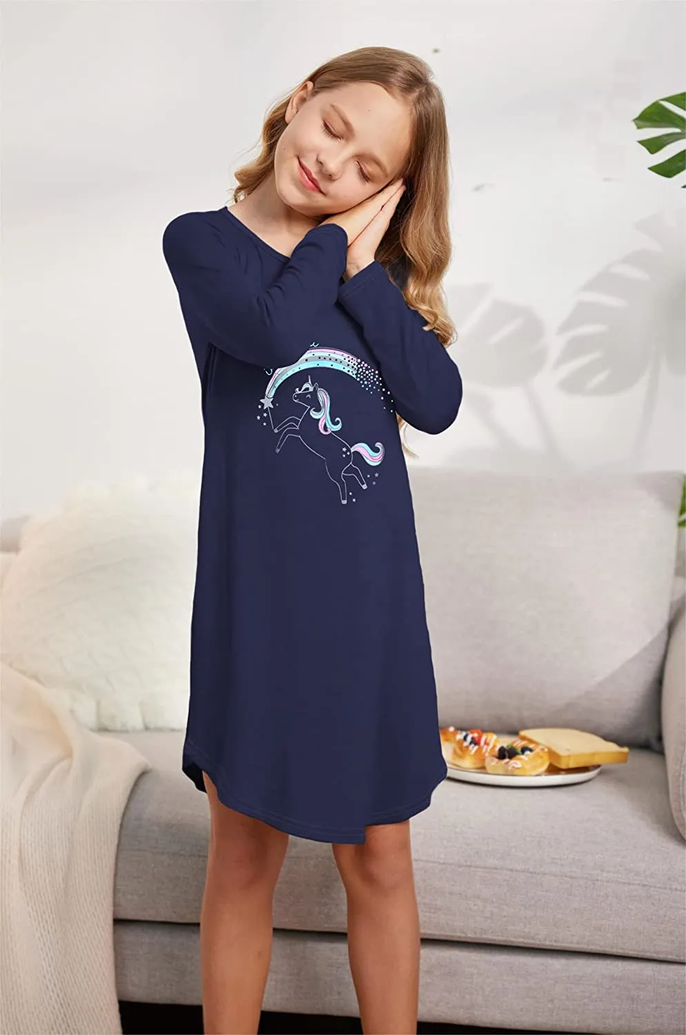 Arshiner Girls Nightgowns Long Sleeve Print Pajamas Nightdress