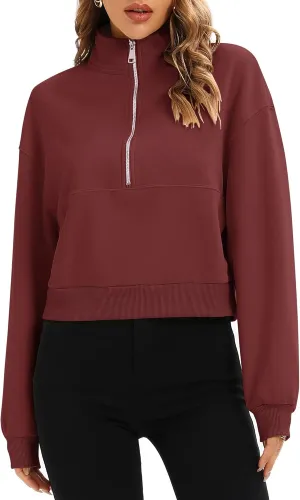 Artfish Women's Pullover Cropped Hoodies Casual Fleece Lined Half Zipper Long Sleeves Sweatshirts