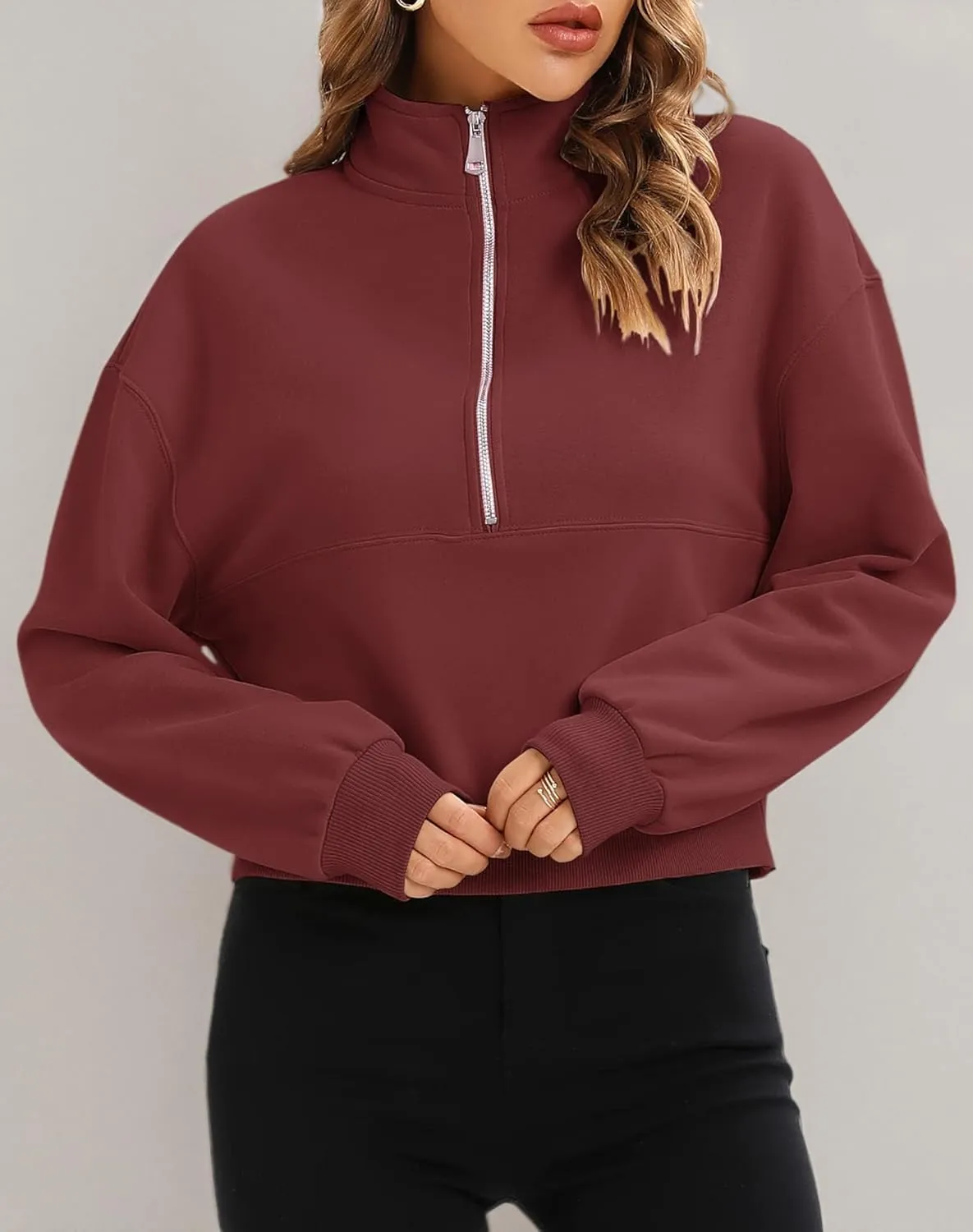 Artfish Women's Pullover Cropped Hoodies Casual Fleece Lined Half Zipper Long Sleeves Sweatshirts