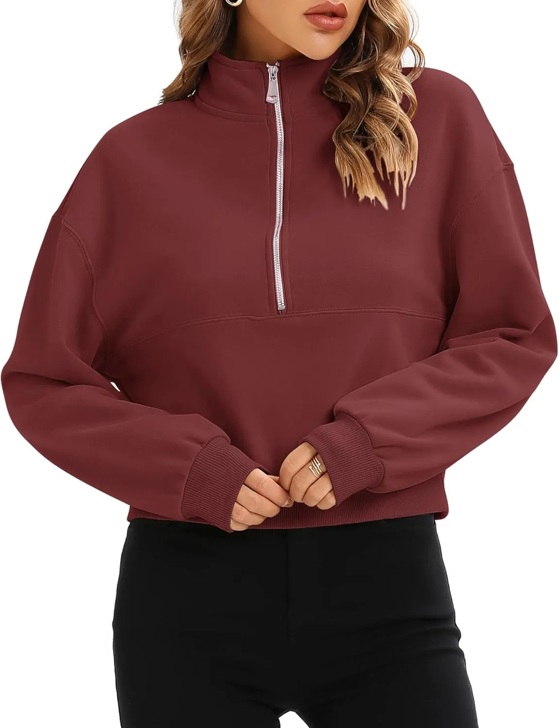 Artfish Women's Pullover Cropped Hoodies Casual Fleece Lined Half Zipper Long Sleeves Sweatshirts