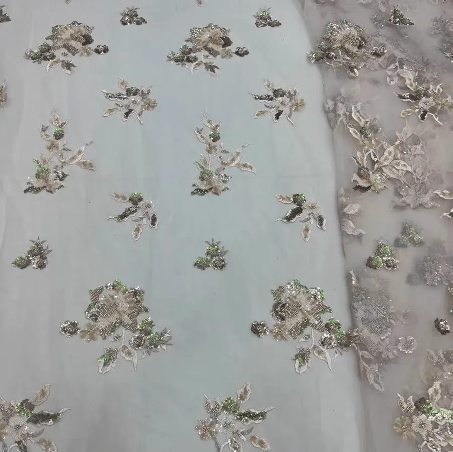 Baby Blue Beaded Floral Sequin Embroidered Tulle Lace Fabric