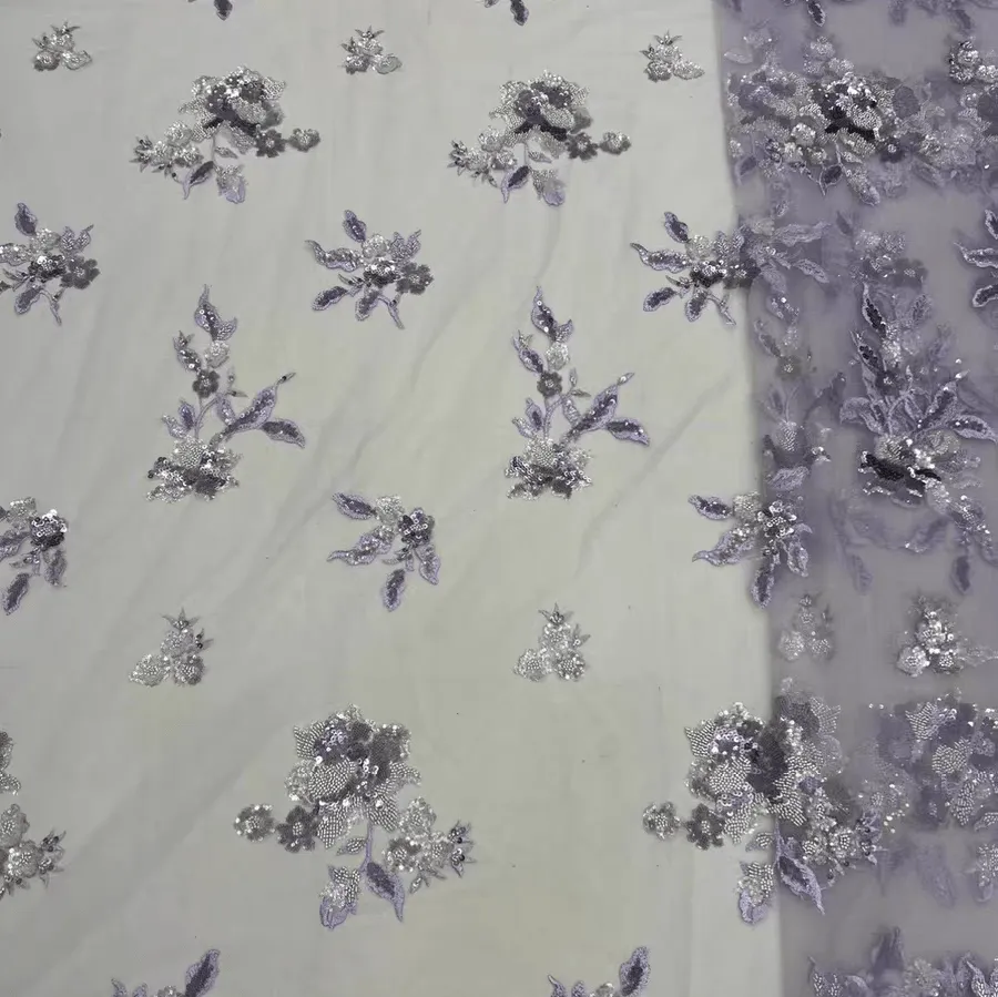 Baby Blue Beaded Floral Sequin Embroidered Tulle Lace Fabric