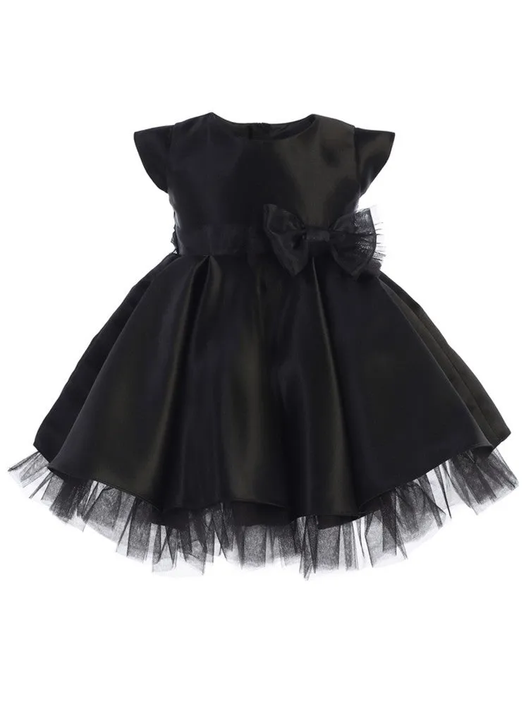 Baby Girls Black Full Pleated Satin Bow Flower Girl Dress 6-24M