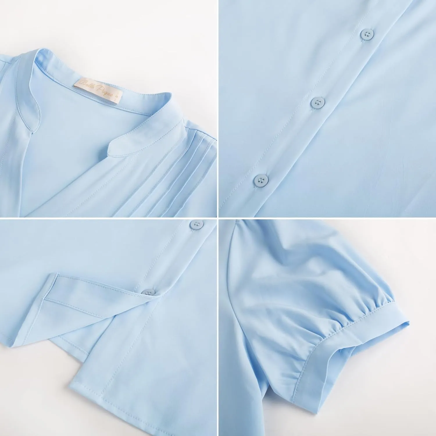Belle Poque Womens Button Down Short Sleeve Blouses V Neck Pleated Dress Shirts Ladies Dressy Blouses Summer Casual