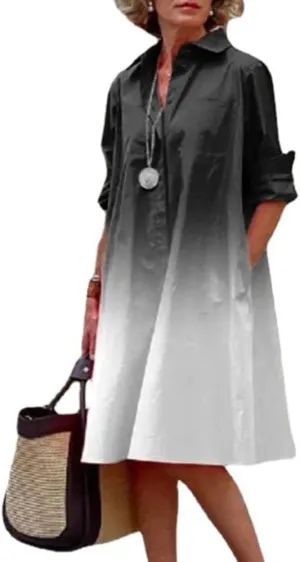 Bengbobar Womens Cotton Linen Shirt Dress Spring Summer Button-Down Linen V Neck Dress Loose A-Line Midi Shift Tunic Dress