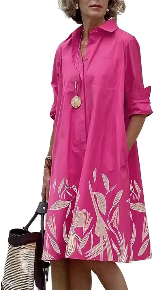 Bengbobar Womens Cotton Linen Shirt Dress Spring Summer Button-Down Linen V Neck Dress Loose A-Line Midi Shift Tunic Dress