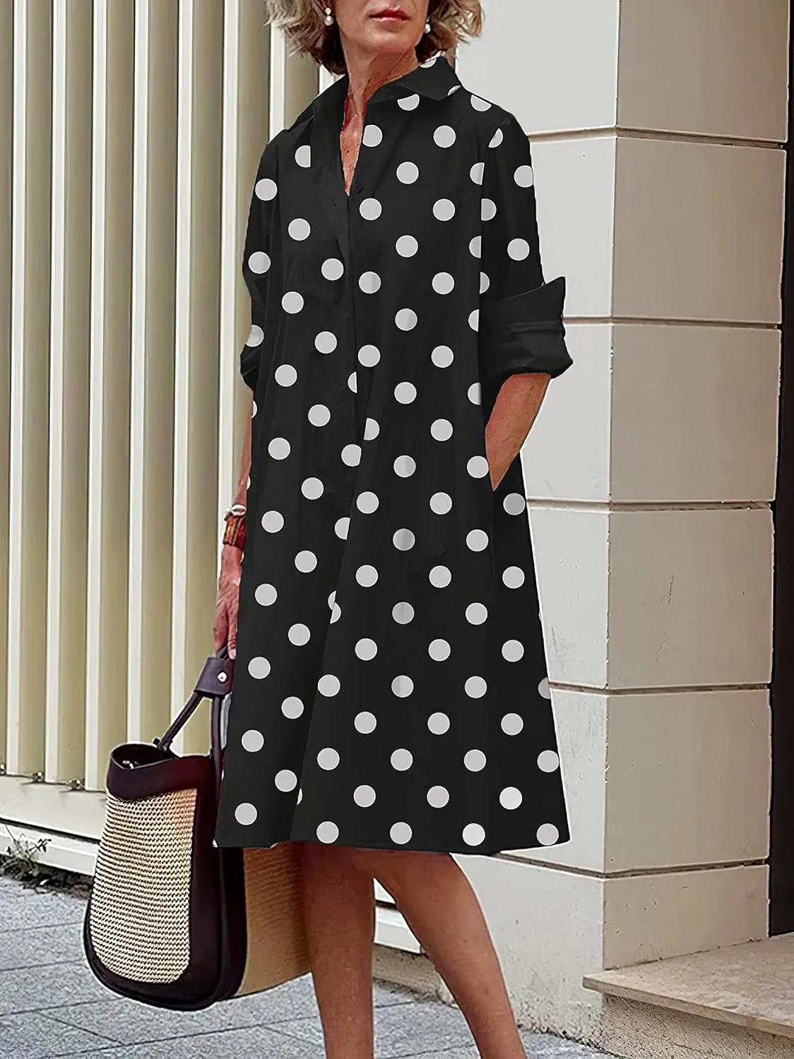 Bengbobar Womens Cotton Linen Shirt Dress Spring Summer Button-Down Linen V Neck Dress Loose A-Line Midi Shift Tunic Dress