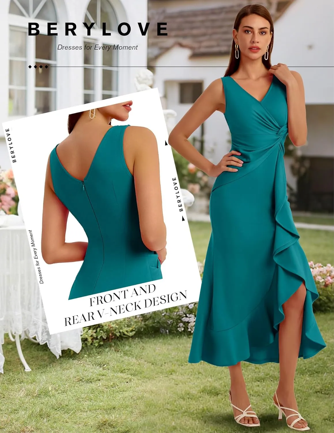 BeryLove Formal Wedding Guest Evening Midi Ruffle Dresses Cocktail Elegant Dress