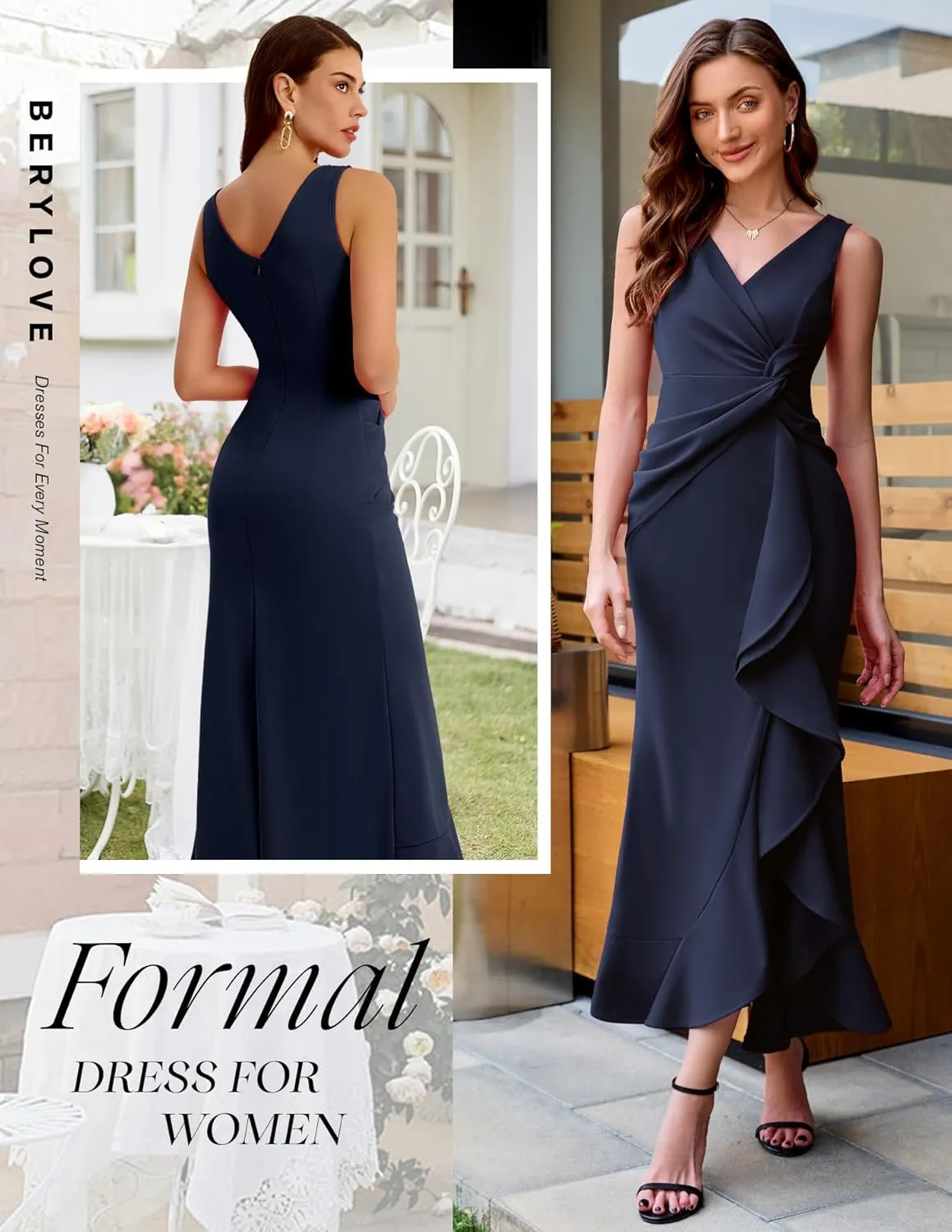 BeryLove Formal Wedding Guest Evening Midi Ruffle Dresses Cocktail Elegant Dress