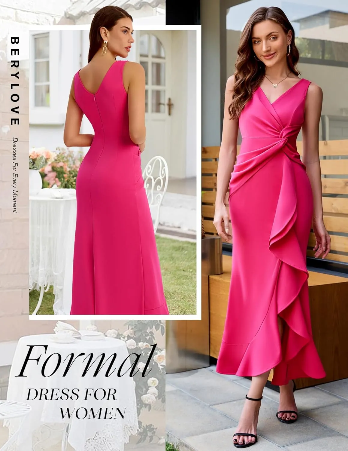 BeryLove Formal Wedding Guest Evening Midi Ruffle Dresses Cocktail Elegant Dress