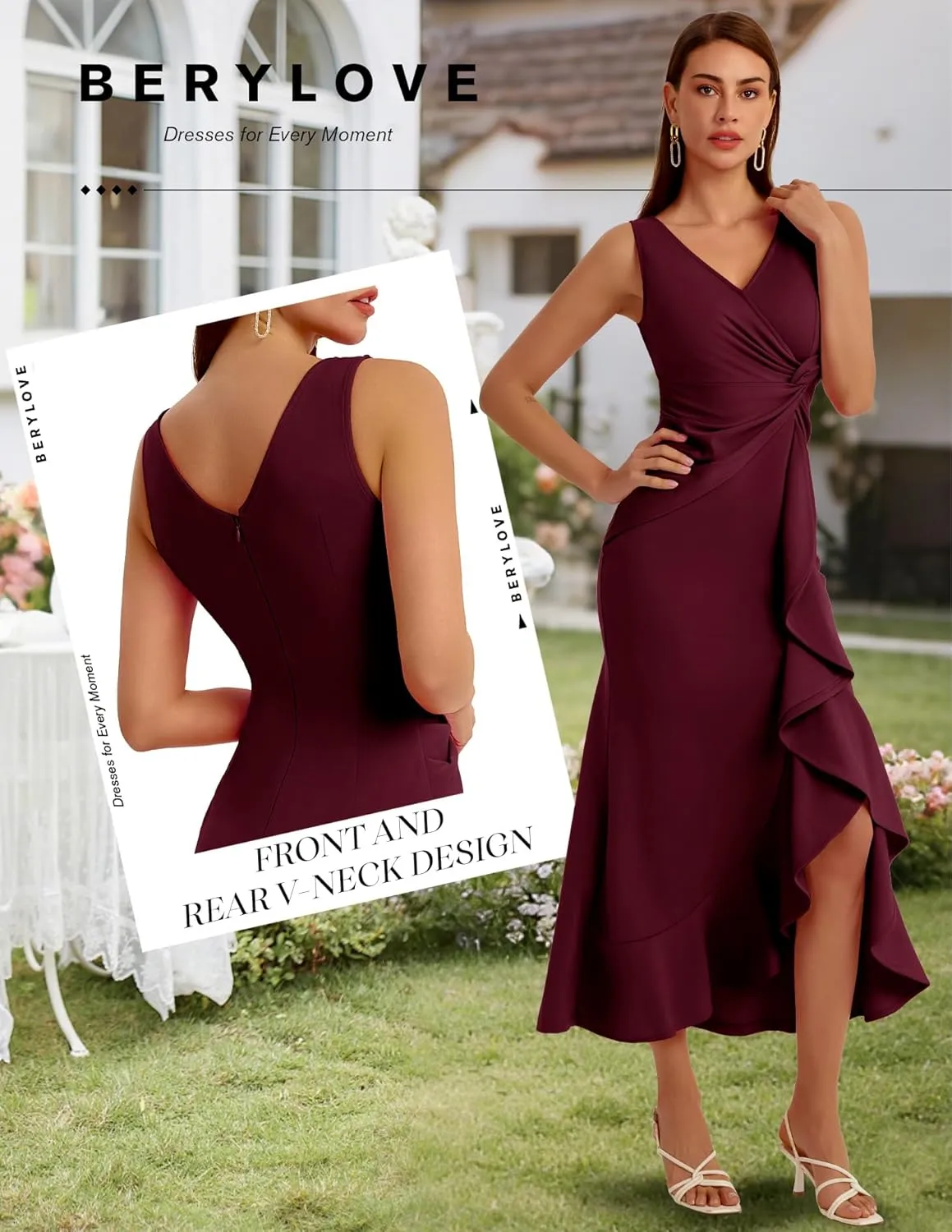 BeryLove Formal Wedding Guest Evening Midi Ruffle Dresses Cocktail Elegant Dress