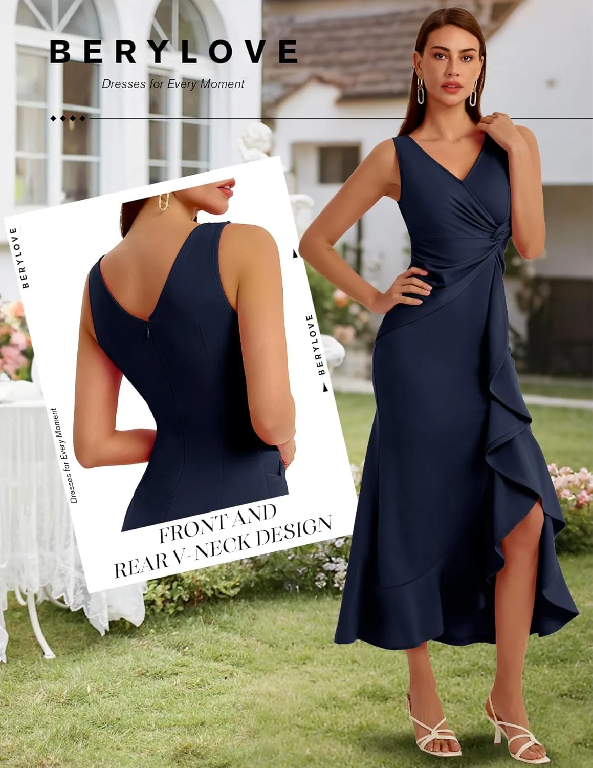 BeryLove Formal Wedding Guest Evening Midi Ruffle Dresses Cocktail Elegant Dress