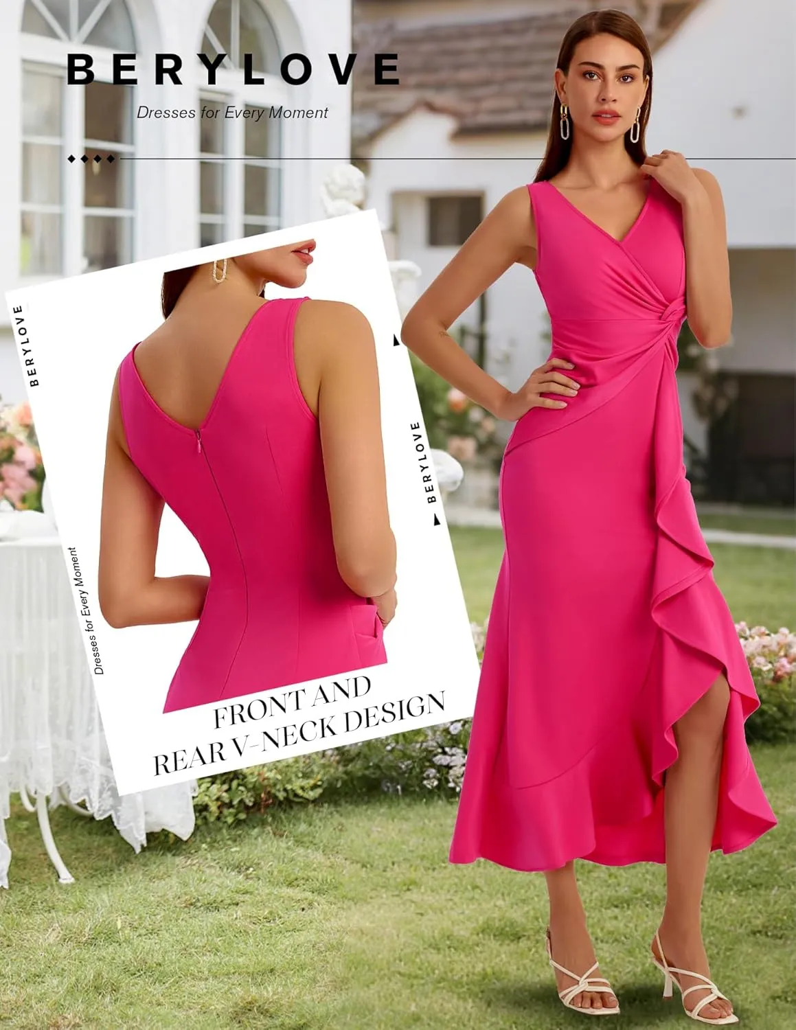 BeryLove Formal Wedding Guest Evening Midi Ruffle Dresses Cocktail Elegant Dress