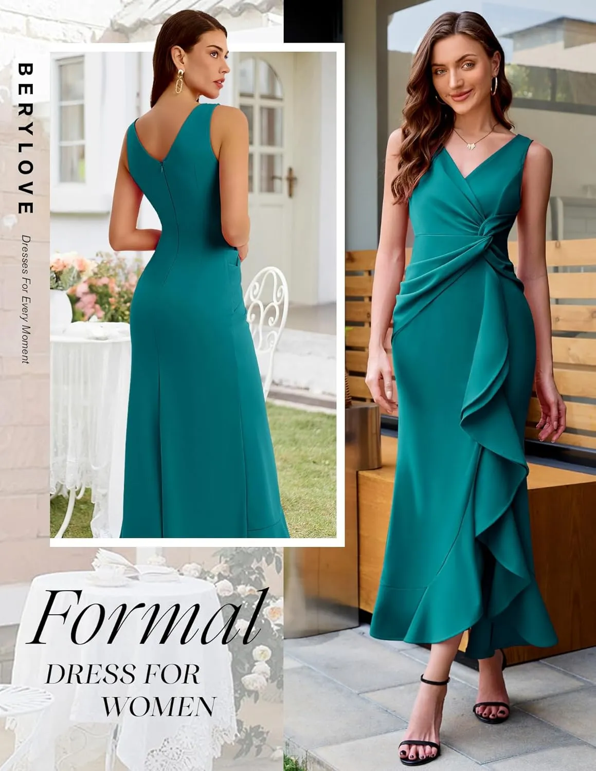 BeryLove Formal Wedding Guest Evening Midi Ruffle Dresses Cocktail Elegant Dress