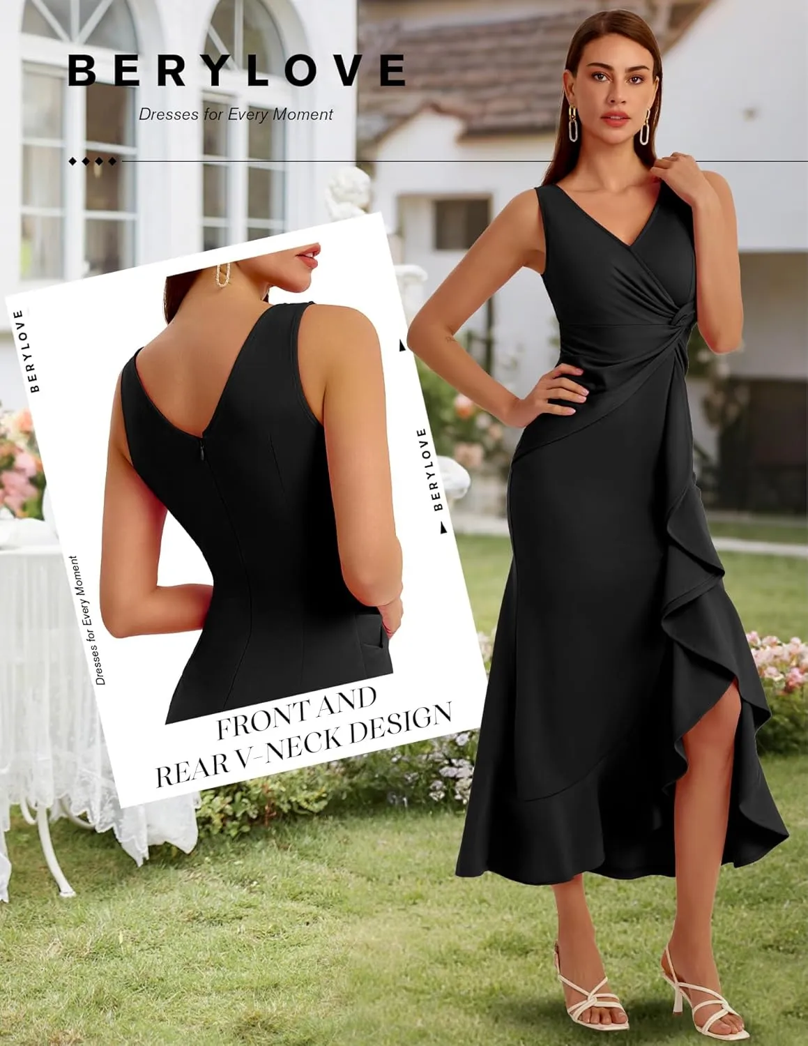 BeryLove Formal Wedding Guest Evening Midi Ruffle Dresses Cocktail Elegant Dress