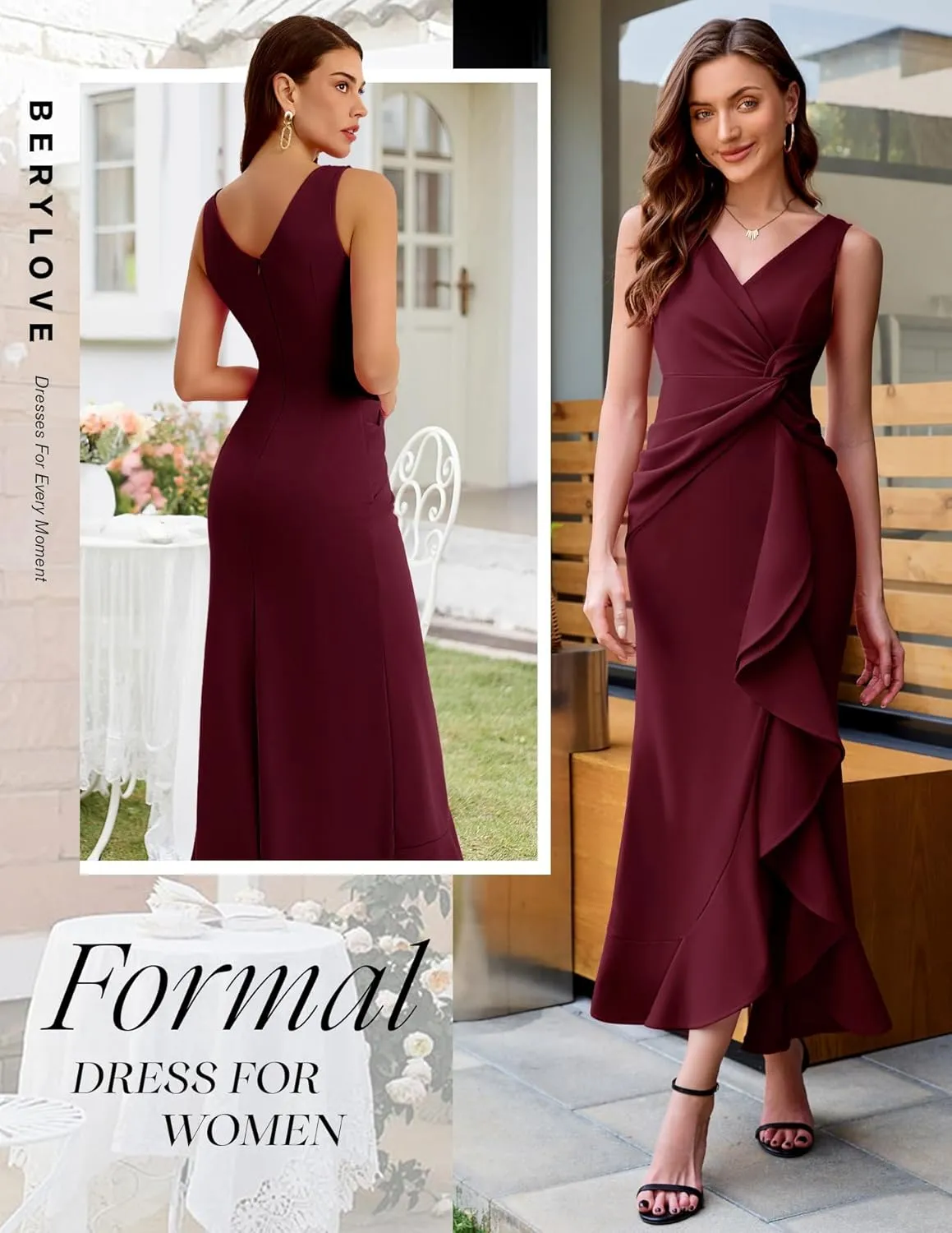 BeryLove Formal Wedding Guest Evening Midi Ruffle Dresses Cocktail Elegant Dress