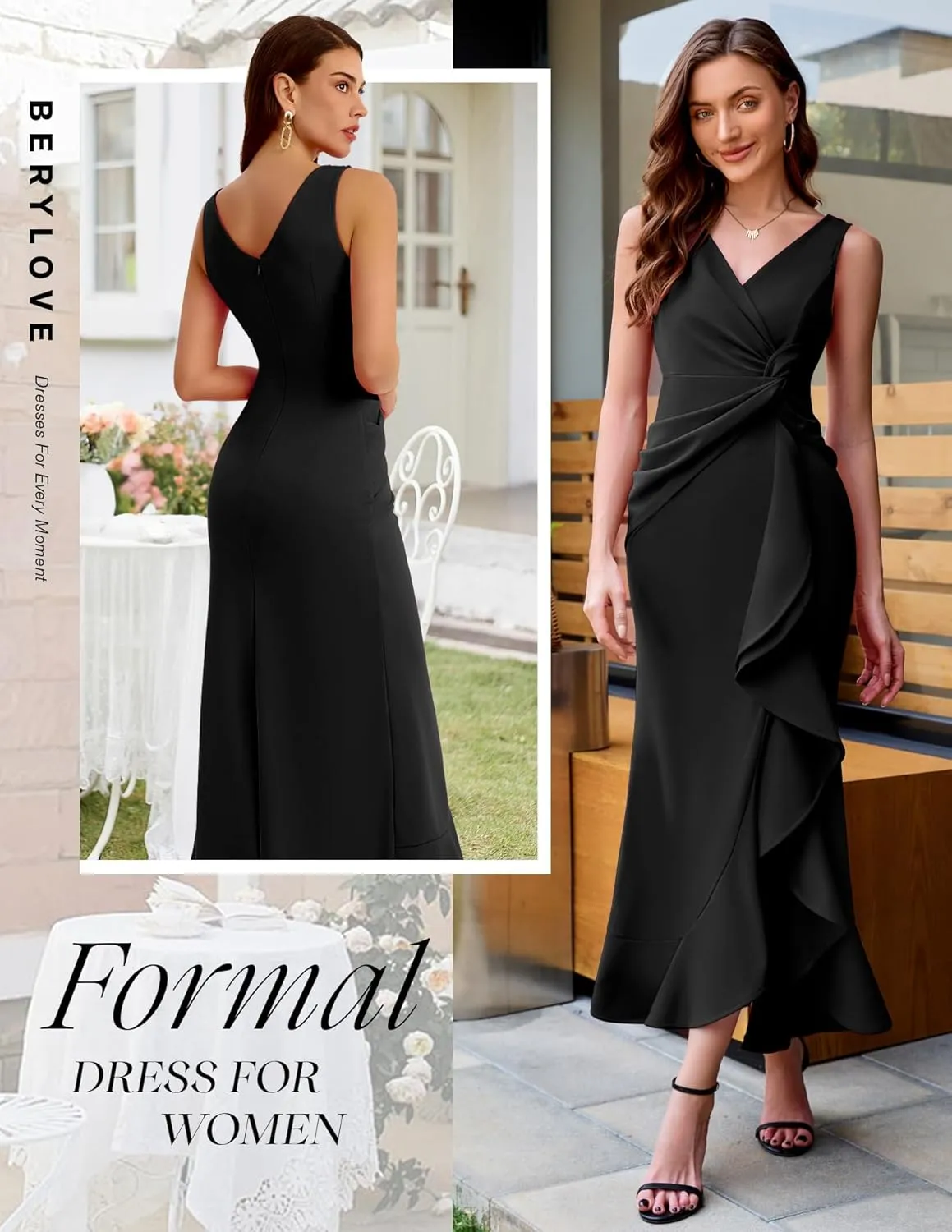 BeryLove Formal Wedding Guest Evening Midi Ruffle Dresses Cocktail Elegant Dress